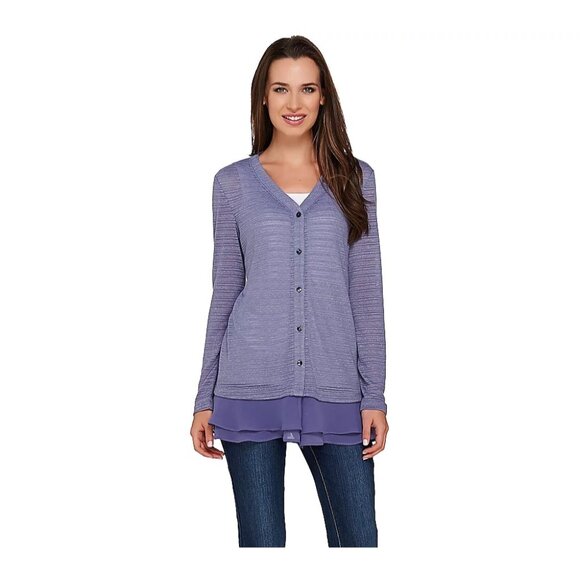 LOGO by Lori Goldstein Jacquard Knit Cardigan with Chiffon Hem Women L Blue Cozy - Picture 1 of 9